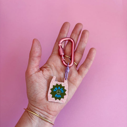 Trash Bag Carabiner Keyring Bag Charm, Pink Glitter, Cute, Funny