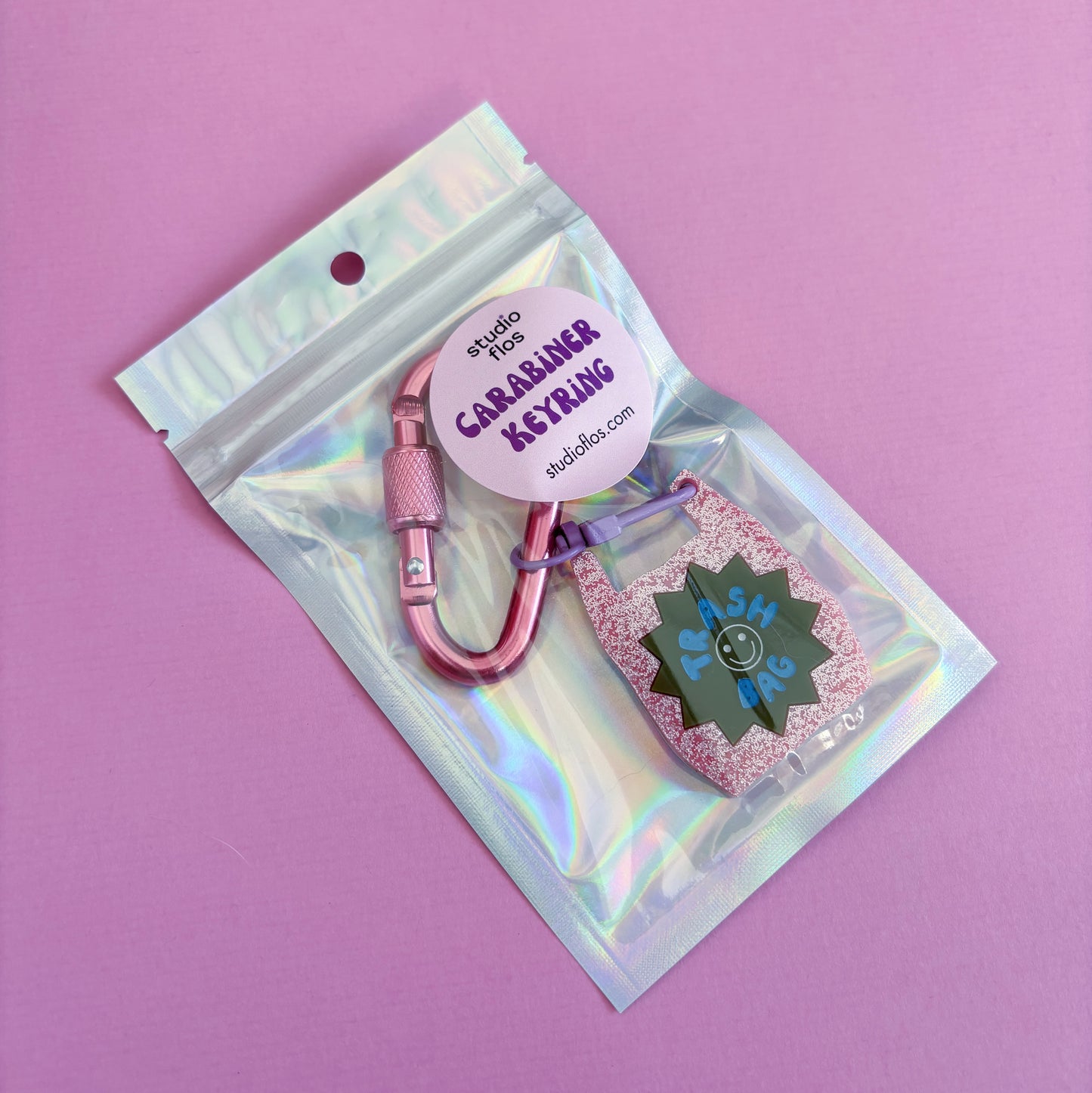 Trash Bag Carabiner Keyring Bag Charm, Pink Glitter, Cute, Funny