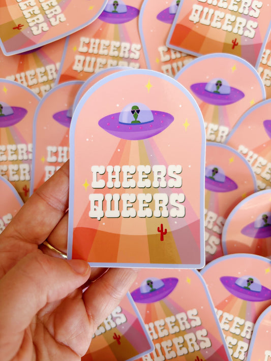Cheers Queers Alien Rainbow Cute Vinyl Sticker LGBTQIA+