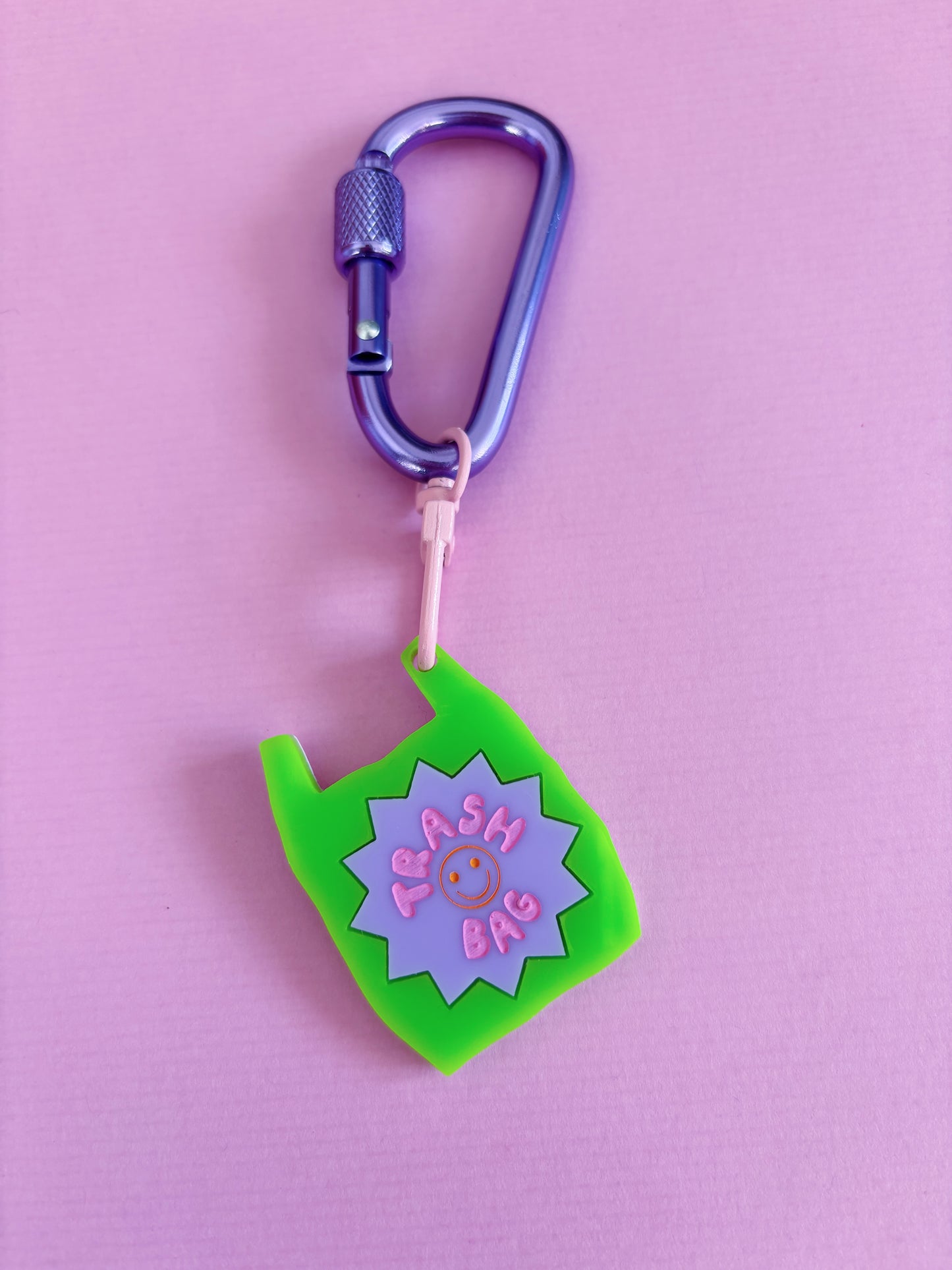 Trash Bag Carabiner Keyring Bag Charm, Green and Lilac, Cute, Funny