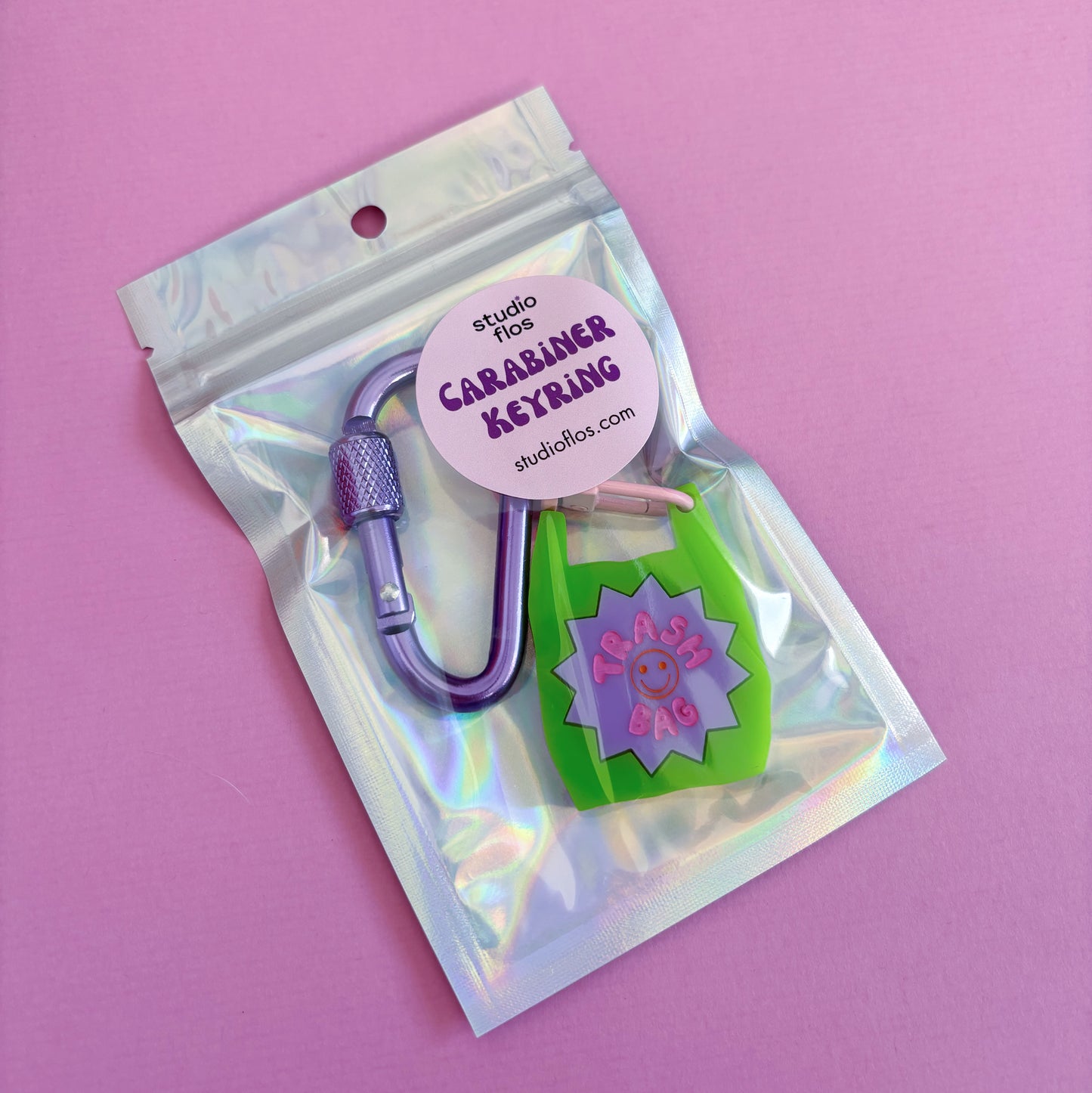 Trash Bag Carabiner Keyring Bag Charm, Green and Lilac, Cute, Funny
