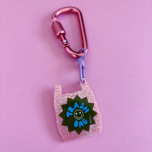 Trash Bag Carabiner Keyring Bag Charm, Pink Glitter, Cute, Funny