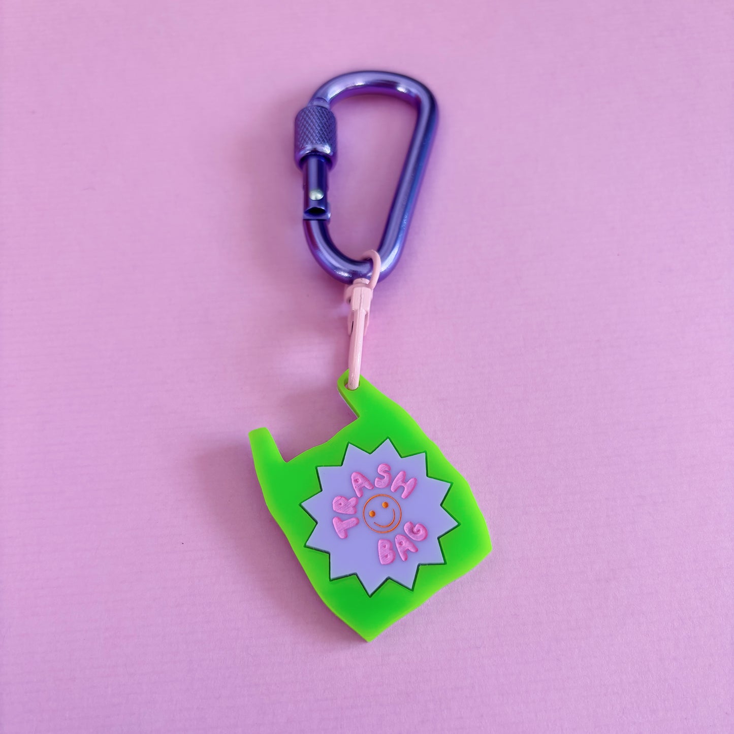 Trash Bag Carabiner Keyring Bag Charm, Green and Lilac, Cute, Funny