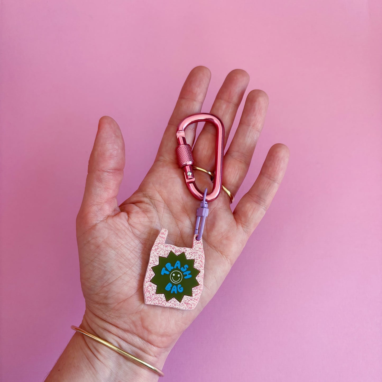 Trash Bag Carabiner Keyring Bag Charm, Pink Glitter, Cute, Funny