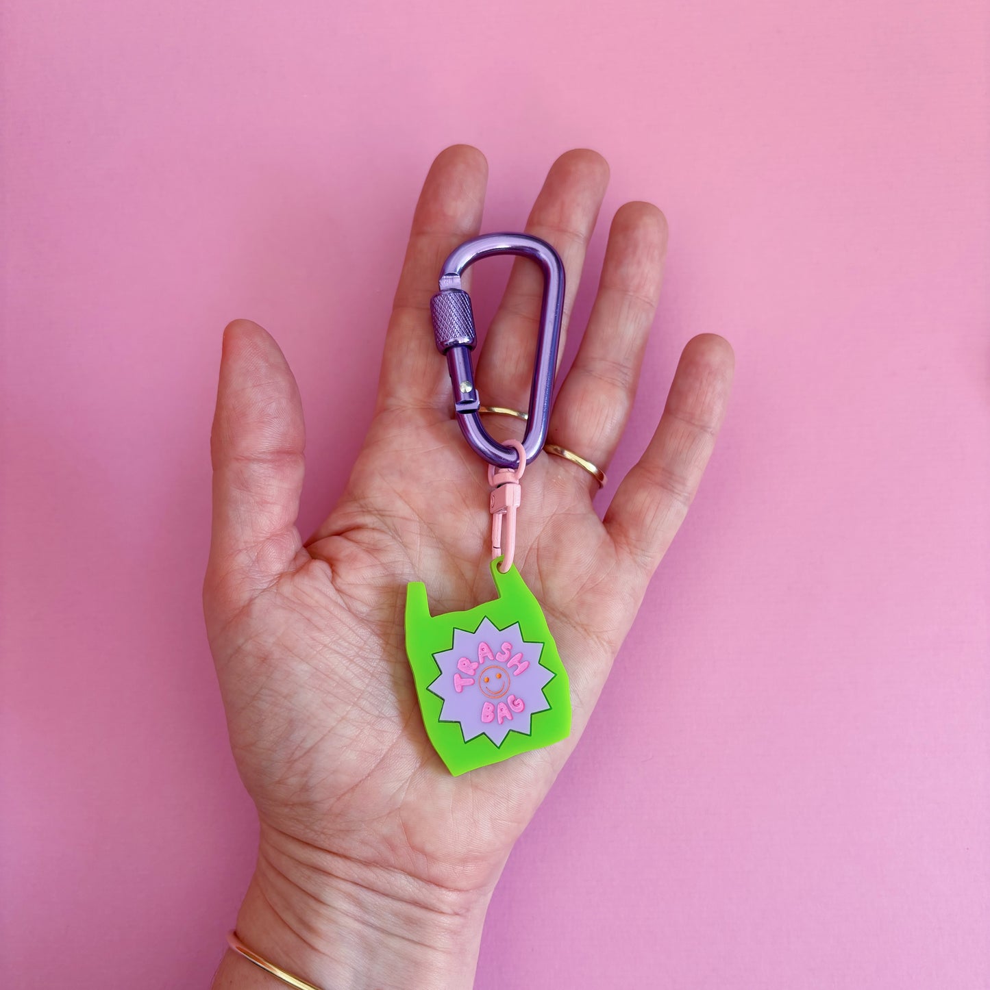 Trash Bag Carabiner Keyring Bag Charm, Green and Lilac, Cute, Funny